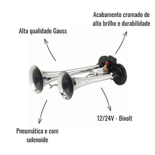 Buzina de Ar Gauss C/Válvula 2 Cornetas Cromada Bivolt