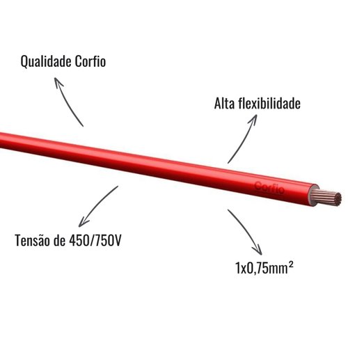 Cabo Flexível Corfio 450/750V 1x0,75mm² Vermelho 200 Metros