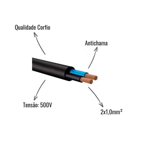 Cabo Flexível PP Corfio 500V 2x1,0mm² Preto 100 Metros
