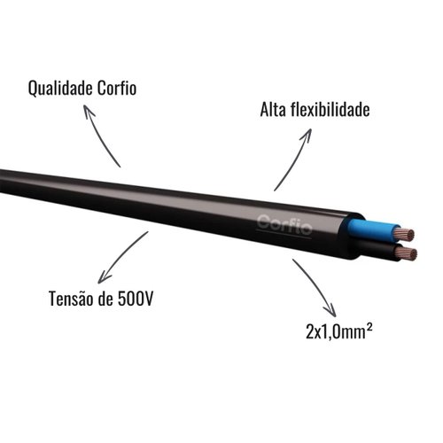 Cabo Flexível PP Corfio 500V 2x1,0mm² Preto 20 Metros