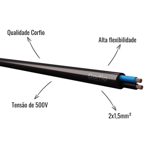 Cabo Flexível PP Corfio 500V 2x1,5mm² Preto 25 Metros