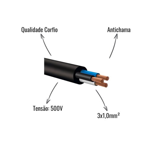 Cabo Flexível PP Corfio 500V 3x1,0mm² Preto 25 Metros