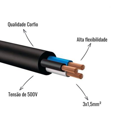 Cabo Flexível PP Corfio 500V 3x1,5mm² Preto 25 Metros