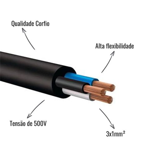 Cabo Flexível PP Corfio 500V 3x1mm² Preto 100 Metros