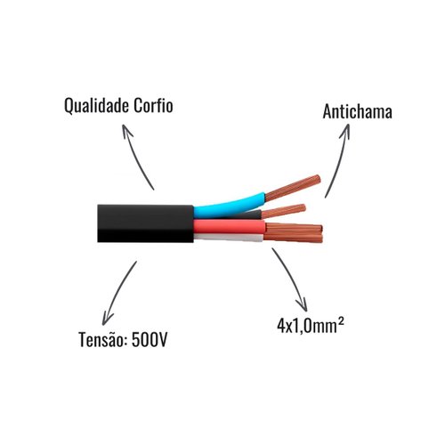 Cabo Flexível PP Corfio 500V 4x1,0mm² Preto 25 Metros