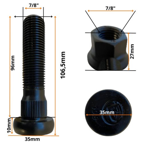 Conjunto Parafuso De Roda Traseira - 7/8"-11BSF X 96/ 106,5