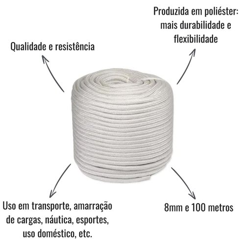 Corda Poliéster Branca NR 8 8mm 100 Metros
