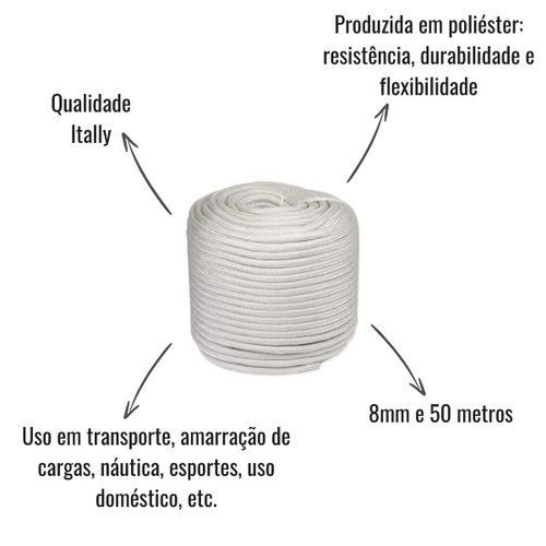 Corda Poliéster Branca NR 8 Itally 8mm 50 Metros