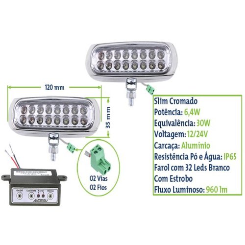 Kit Farol LED Slim Autopoli Bivolt 3,2W Universal Cromado