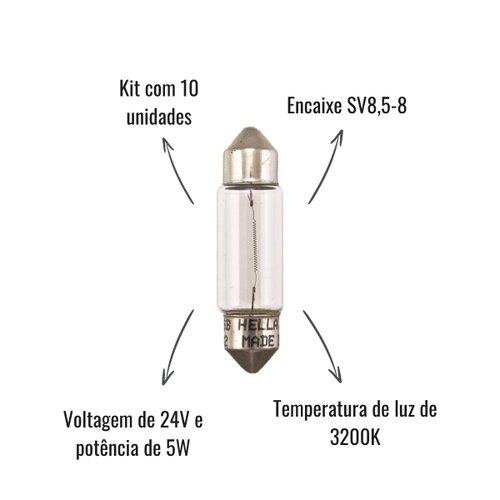 Kit Lâmpadas Torpedo Hella 24V 5W SV8,5-8 10 Unidades