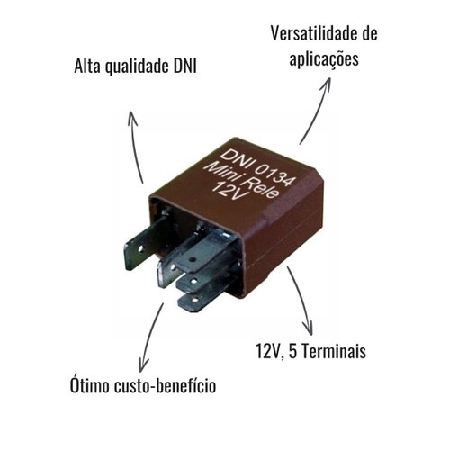 Mini Relé Auxiliar Reversor DNI 0134 12V 5 Terminais Sem Suporte