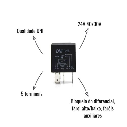 Mini Relé Auxiliar Reversor DNI 0226 24V 40/30A 5 terminais