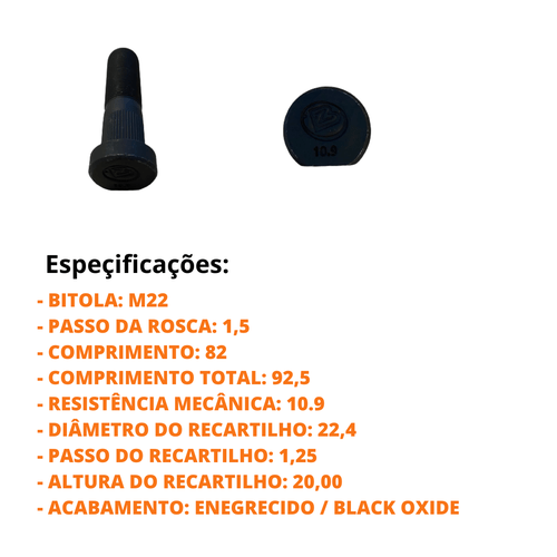 Parafuso para roda carreta Randon M22-1.5 x 82 / 92,5 - BZ