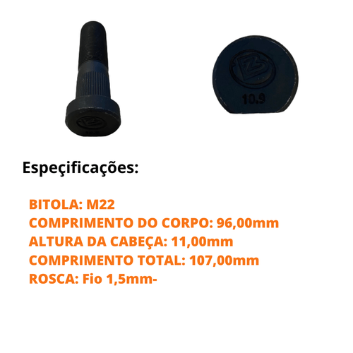 Parafuso de Roda Randon/Guerra/Noma M22-1.5 x 82 / 92,5 - BZ