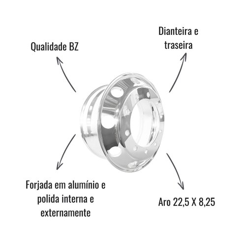 Roda Disco Alumínio BZ Polida 22,5X8,25 Dianteira e Traseira