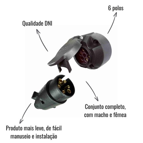 Tomada Elétrica para Reboque DNI Completa Macho e Fêmea 6 Polos