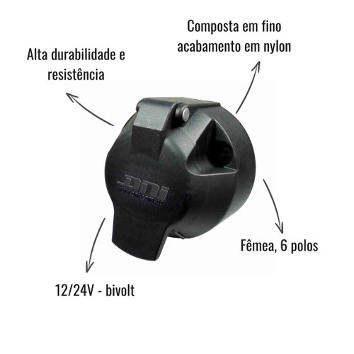 Tomada Elétrica Redonda para Engate DNI 8370 Fêmea Bivolt